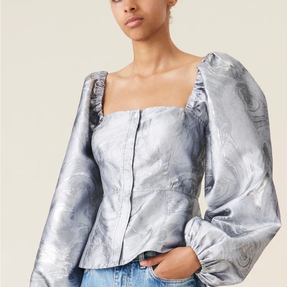 Ganni Silver Puff Sleeve Jaquard Blouse